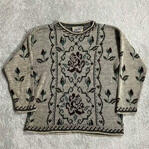 Vintage Sasson Floral Knit Sweater Tan Brown Green Rose Pattern Small Made USA
